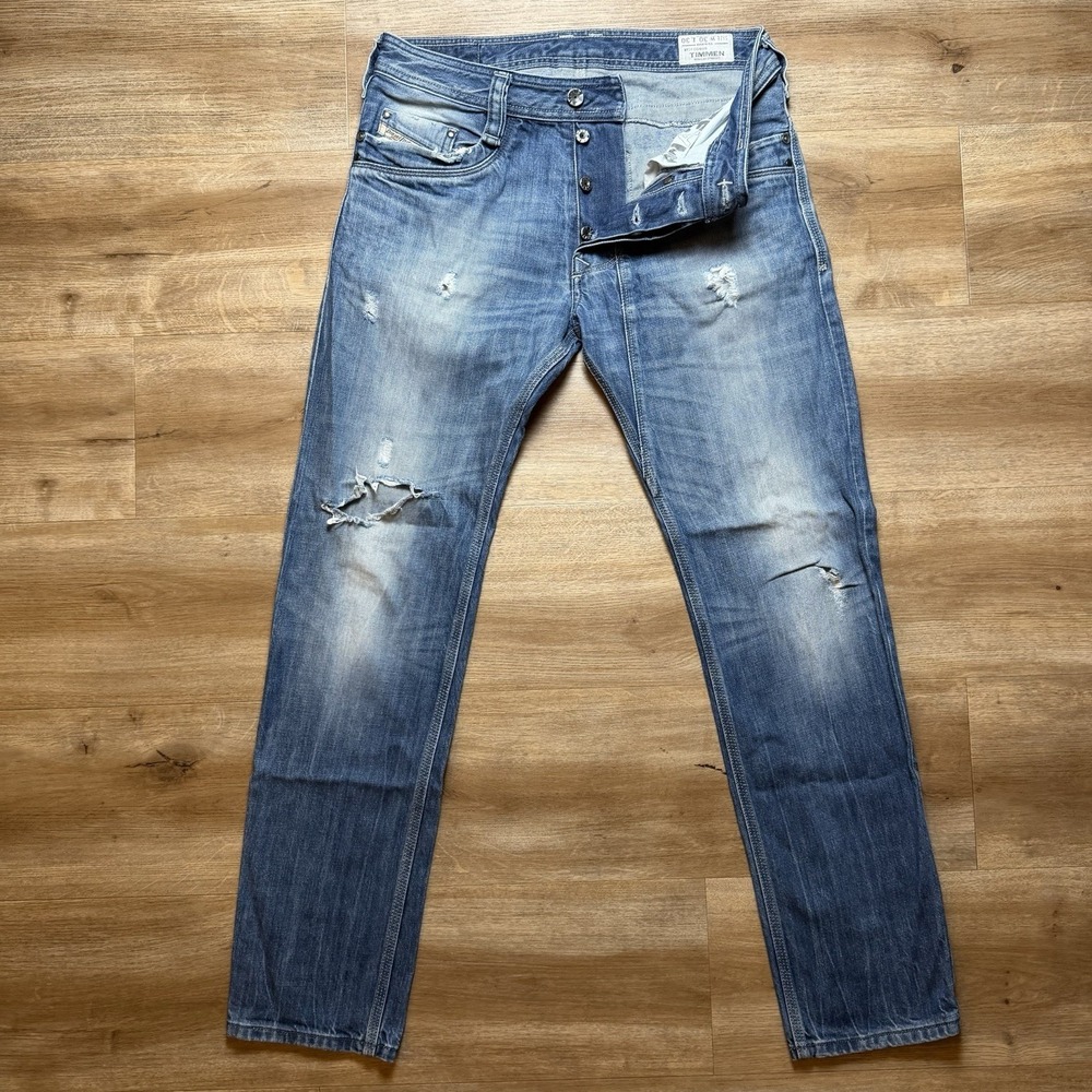 Diesel Timmen Jeans Men 30x30 Blue Straight Leg Medium Wash Thrashed Denim 008B9